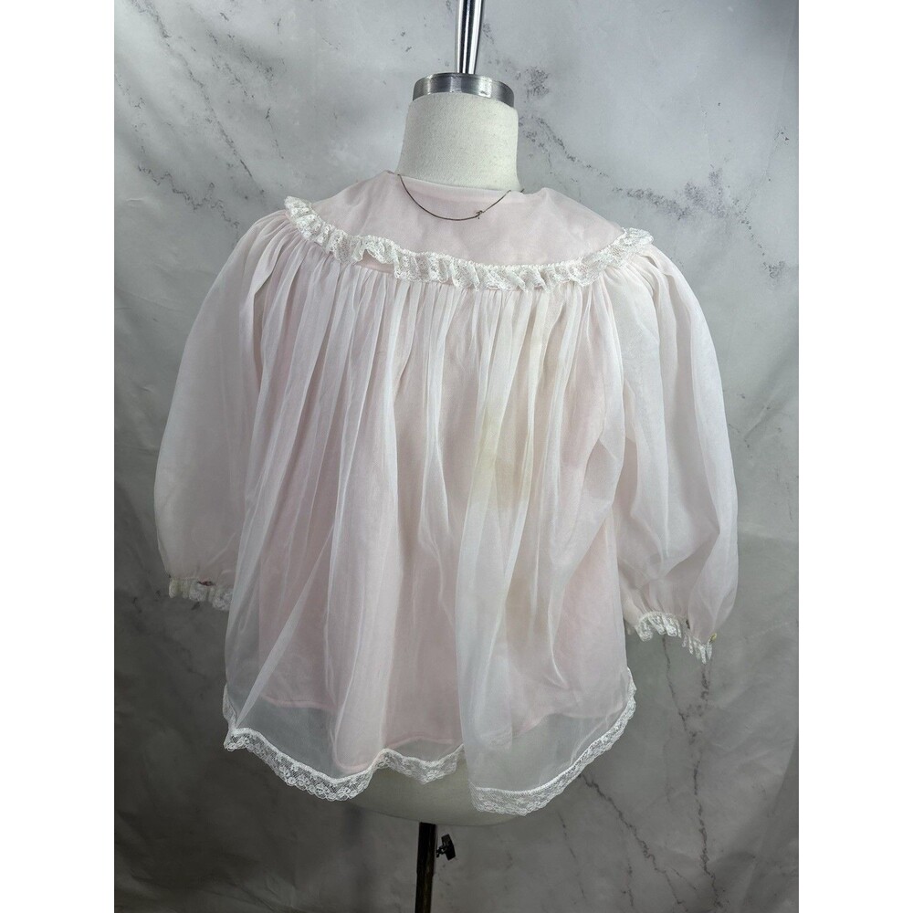 Vintage 60s Dainty Chiffon Bed Jacket Flower Pink pastel Cottage Soft Girl MCM M - Picture 14 of 16
